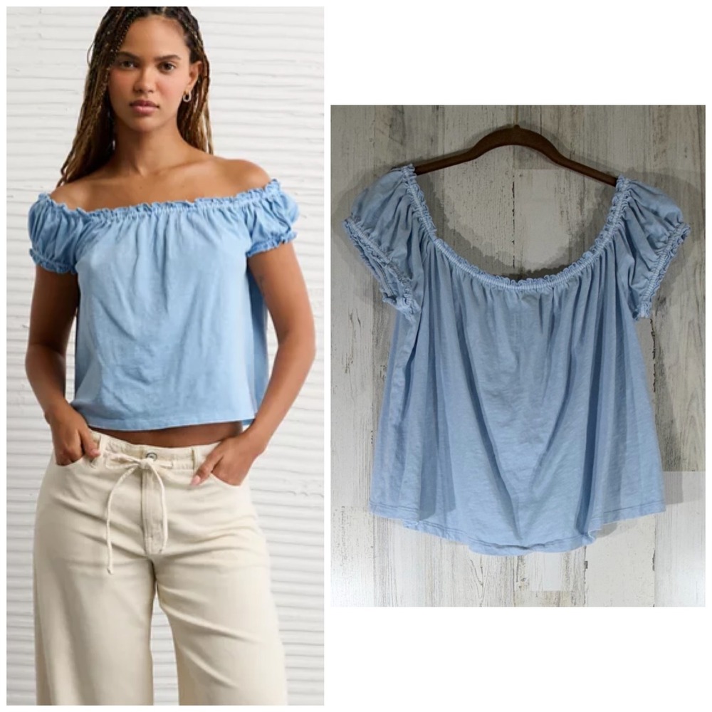 American Eagle Sunchaser Swing Top XL Light Blue Off Shoulder Cotton Ruffle Slub